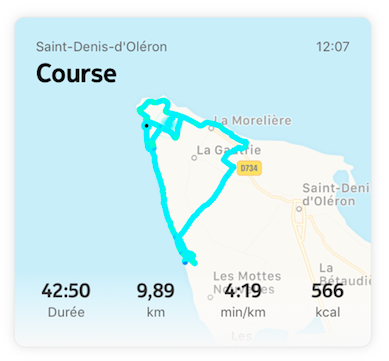 Rudy's training run by the sea on Île d'Oléron as shown in Health Mate