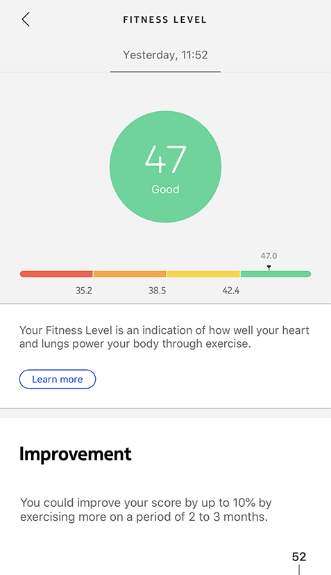 Fitness Level score in the Health Mate app