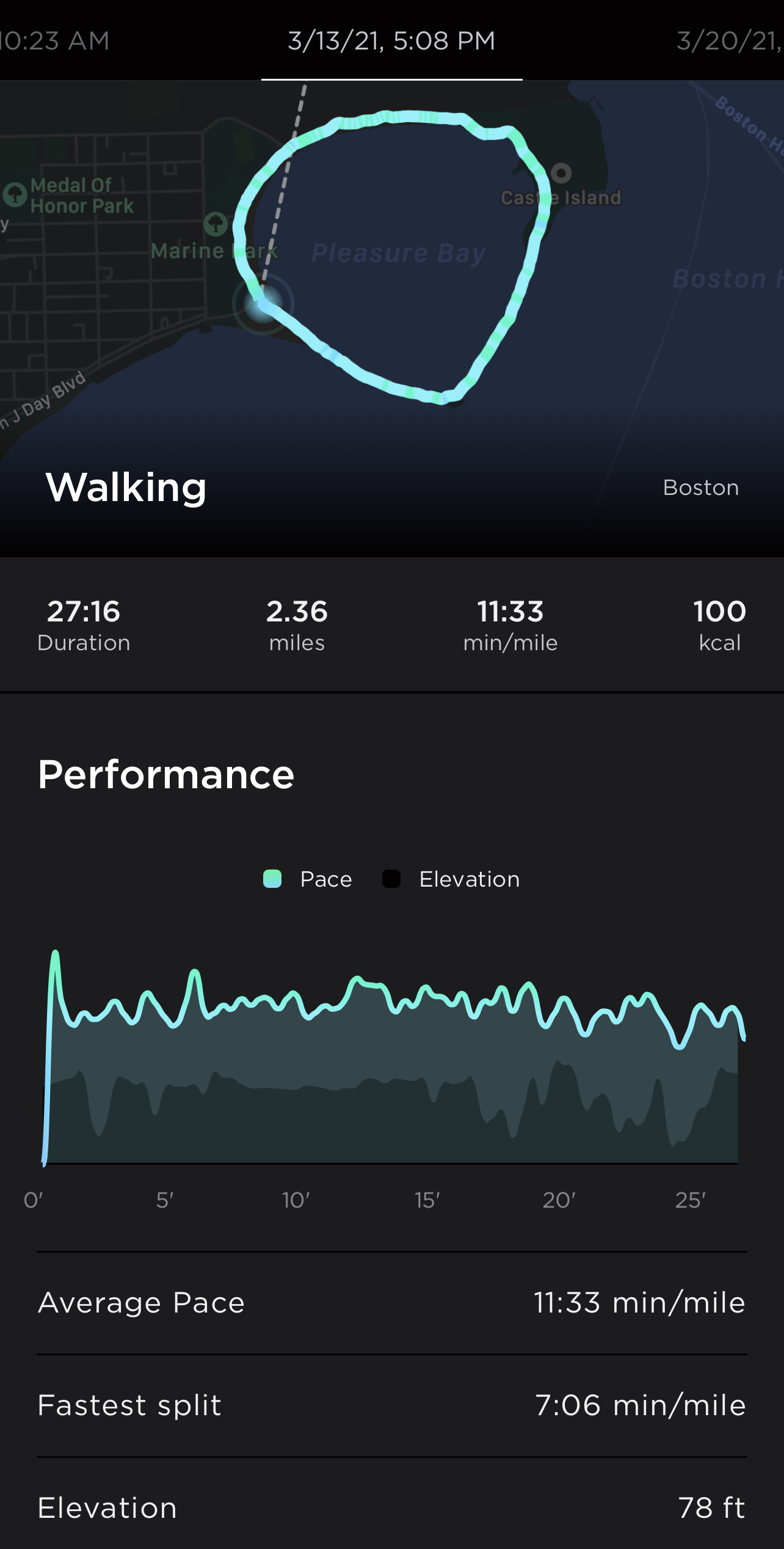 A 2.36 mile walk at Castle Island in Boston, MA tracked with ScanWatch