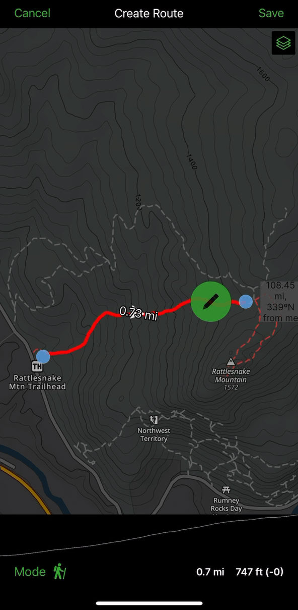 Gaia GPS example of planning a route with elevation gain (see bottom right)